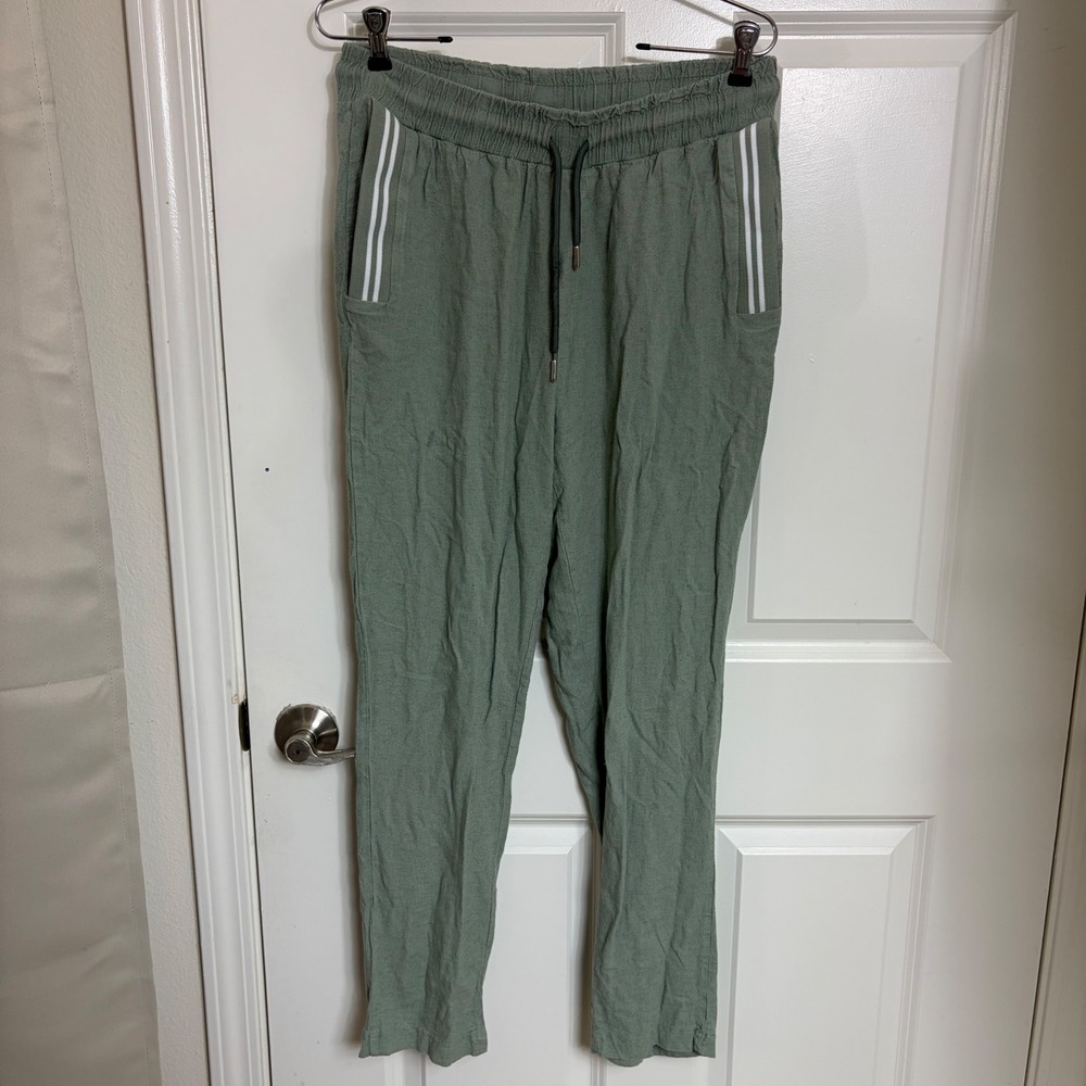 Eksi-1 Sage Green Linen Blend Jogger Pants Racing Stripe Pockets Size Small